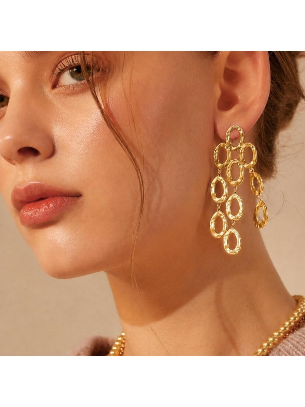 Women's Gold 18k Gold Plated Statement Hammered Chandelier Long Oval Earrings - Picture 2 of 7